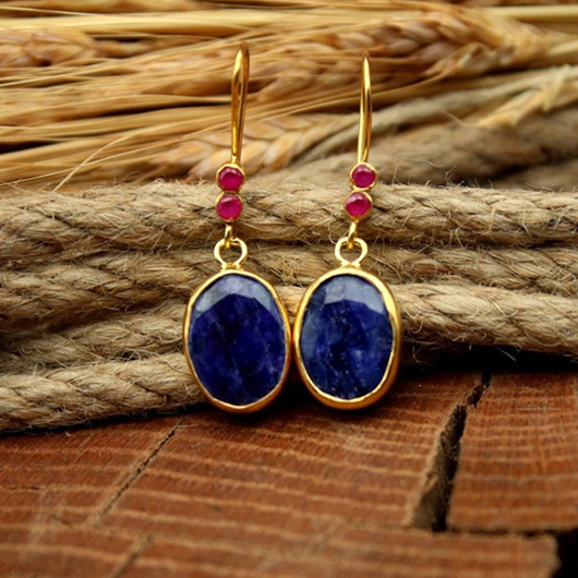 Gemstone Blue Oval Metal Detail Earrings