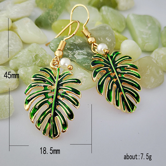 Leaf Design Pearl Metal Detail Green Earrings