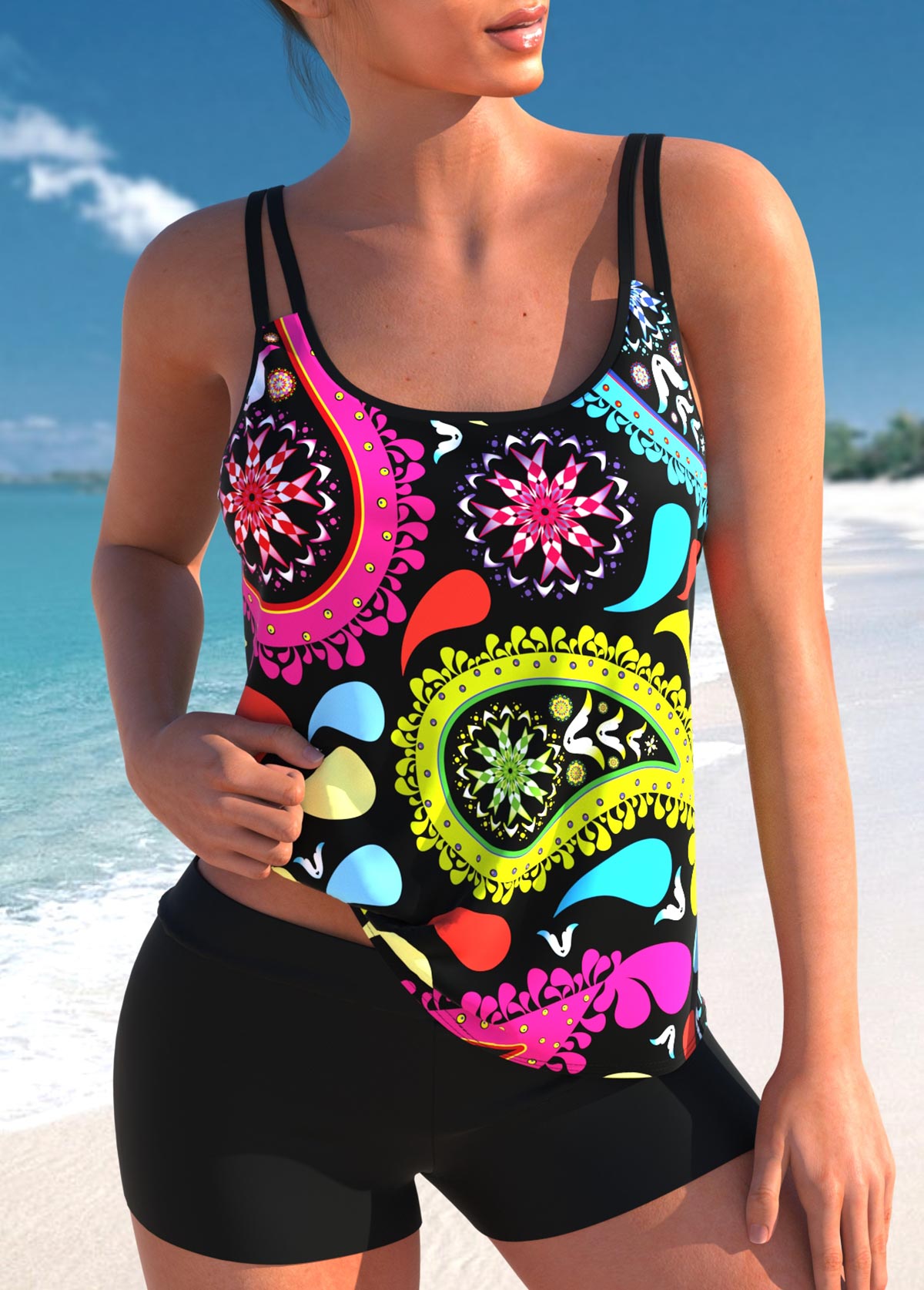 Double Straps Plus Size Paisley Print Tankini Set 