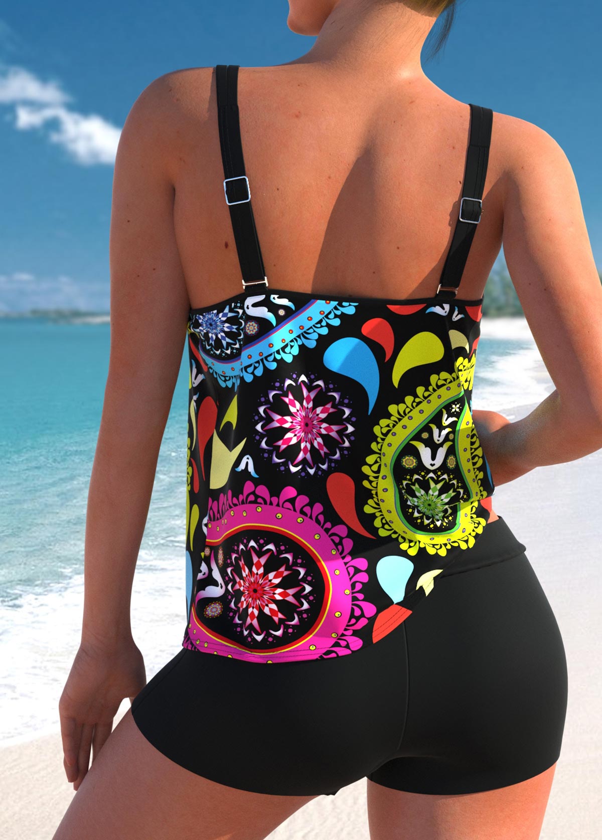 Double Straps Plus Size Paisley Print Tankini Set 