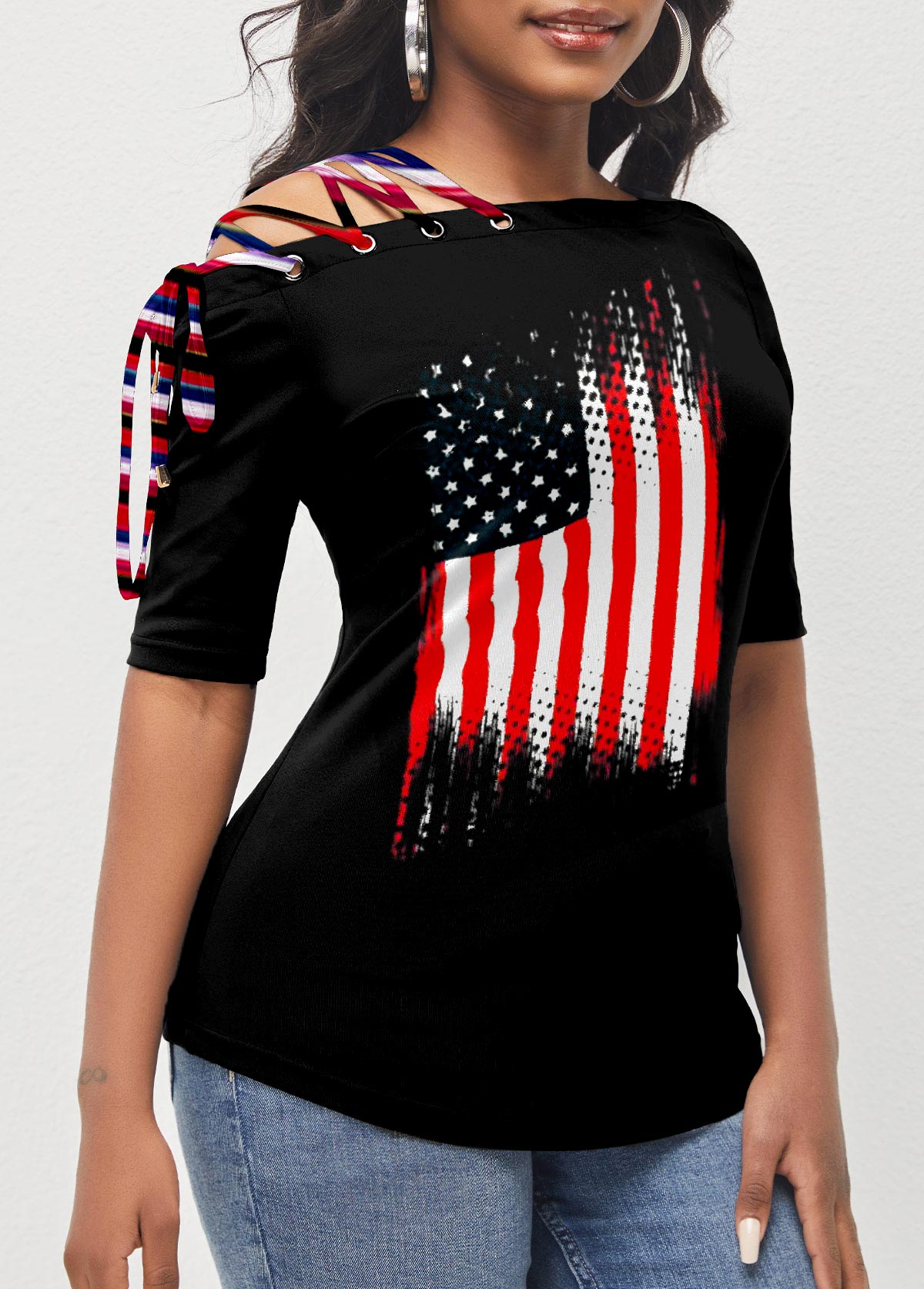 American Flag Print Lace Up Black T Shirt