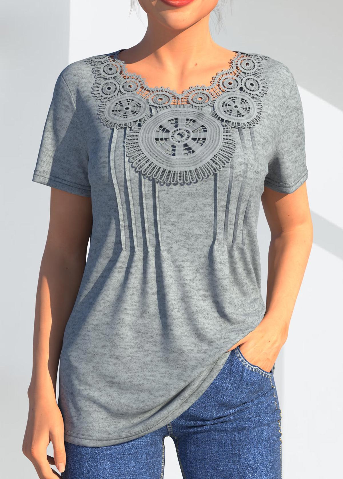 Lace Stitching Crinkle Chest Grey Marl T Shirt