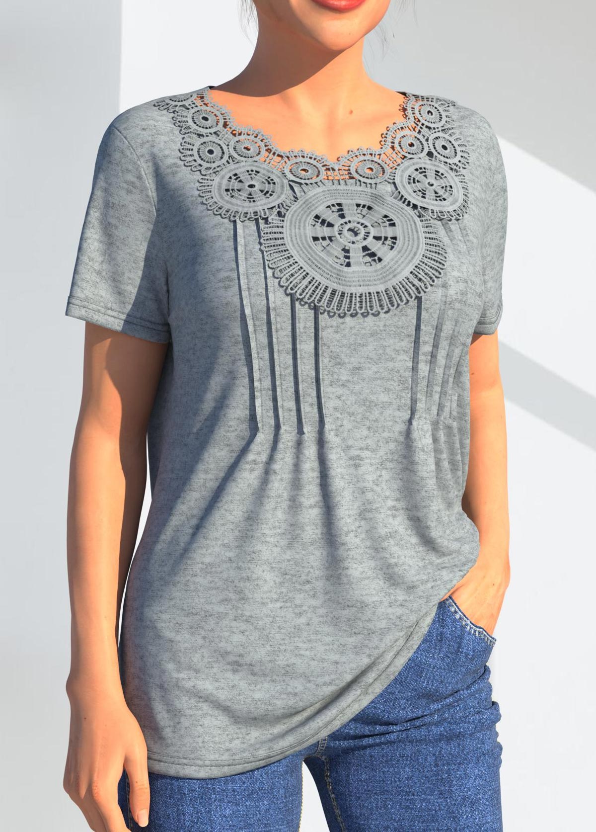 Lace Stitching Crinkle Chest Grey Marl T Shirt