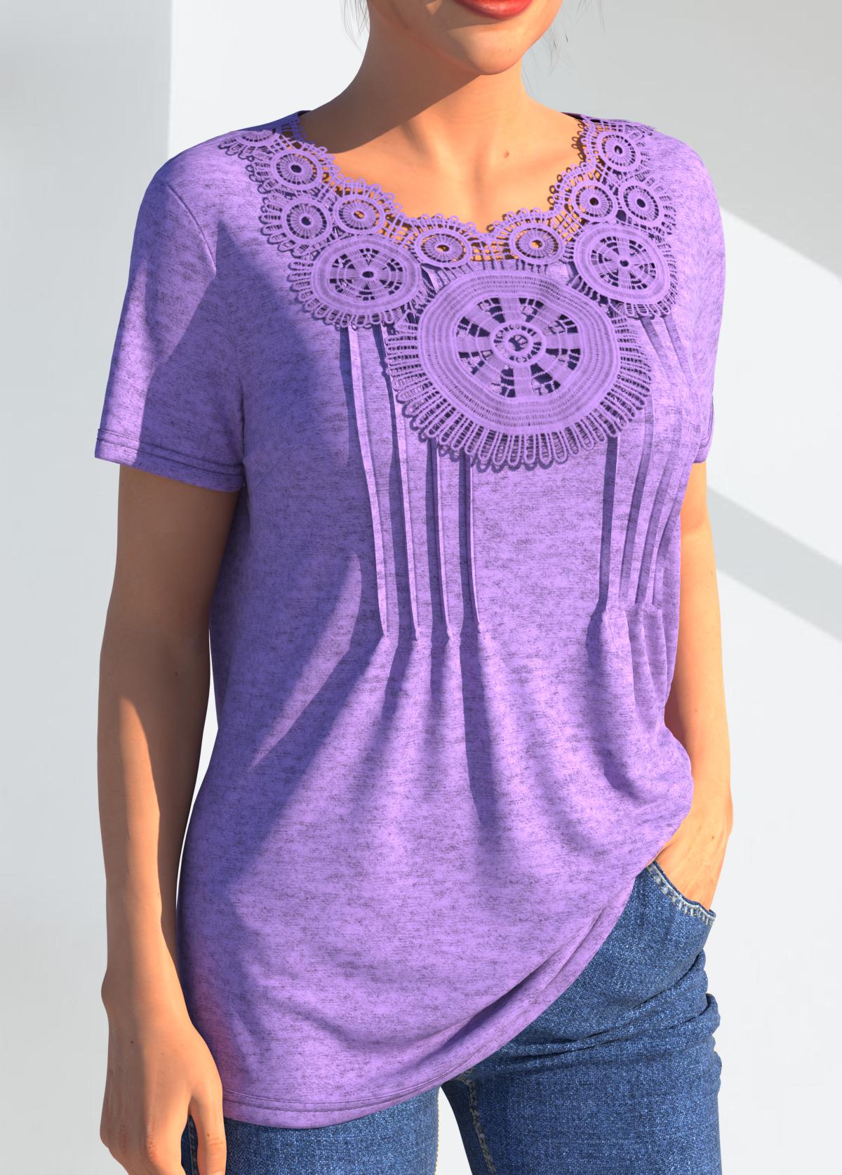 Crinkle Chest Light Purple Lace Stitching T Shirt
