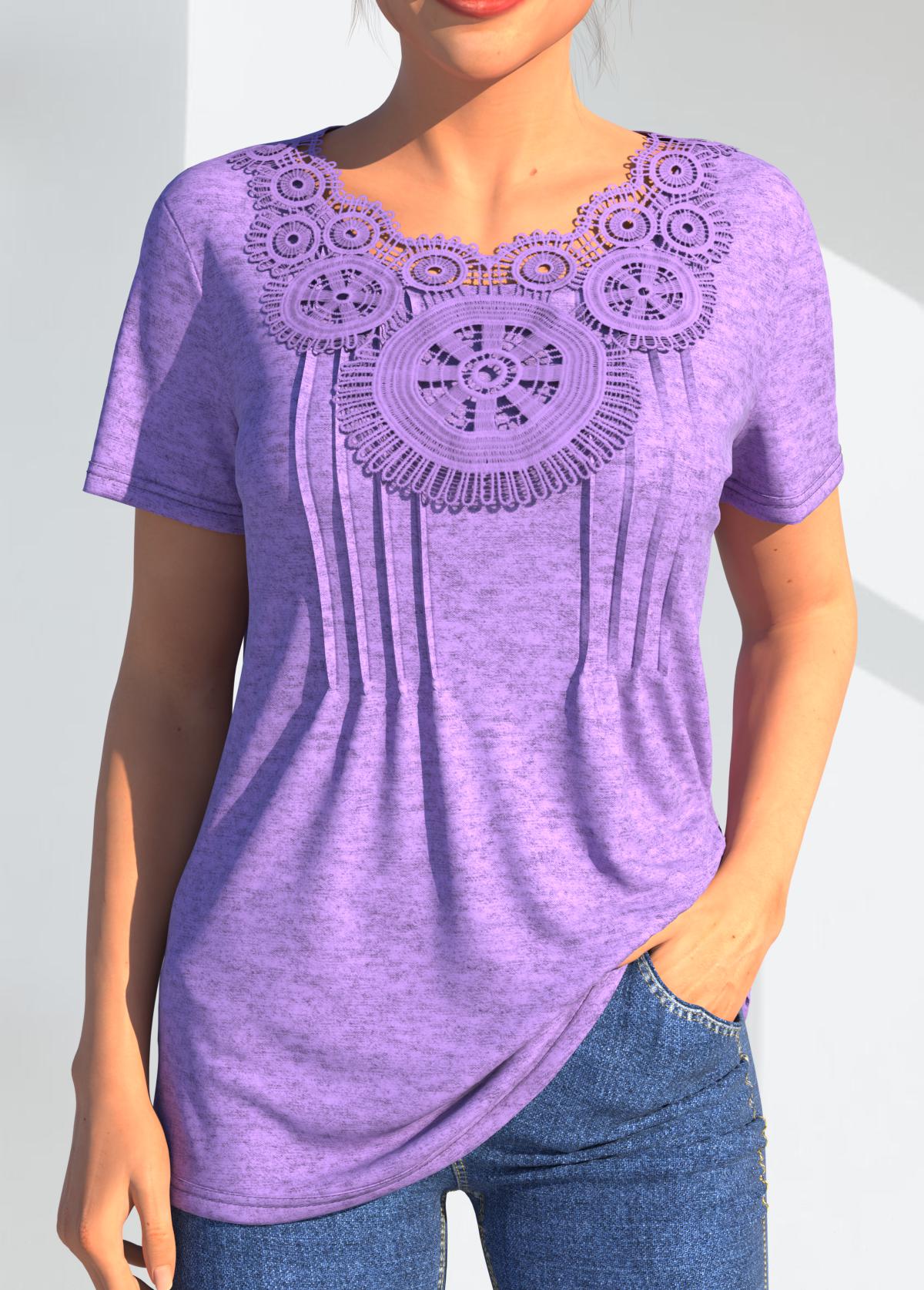 Crinkle Chest Light Purple Lace Stitching T Shirt