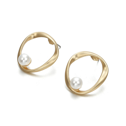 Gold Pearl Detail Asymmetric Circle Design Earrings
