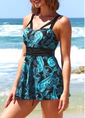 Tie Front Paisley Print Cyan Swimdress Top-No Bottom