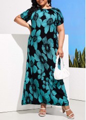 Turquoise Floral Print Plus Size Dress