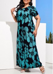Turquoise Floral Print Plus Size Dress
