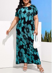 Turquoise Floral Print Plus Size Dress