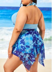 Plus Size Butterfly Print Light Blue Swimdress and Shorts