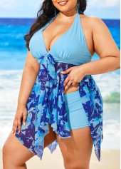 Plus Size Butterfly Print Light Blue Swimdress and Shorts