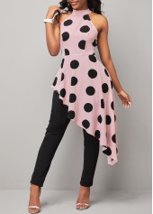 Bib Neck Asymmetric Hem Pink Polka Dot Jumpsuit