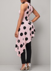 Bib Neck Asymmetric Hem Pink Polka Dot Jumpsuit