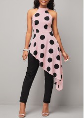 Bib Neck Asymmetric Hem Pink Polka Dot Jumpsuit