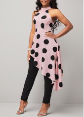 Bib Neck Asymmetric Hem Pink Polka Dot Jumpsuit