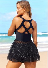 Mesh Black Glitter Fabric Stitching Swimdress Top-No Bottom