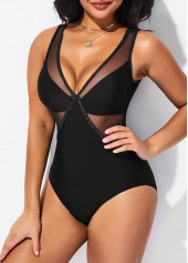 Mesh Glitter Fabric Stitching Black One Piece Swimwear
