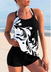Halter Curly Grass Print Color Block Tankini Set