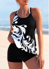 Halter Curly Grass Print Color Block Tankini Set