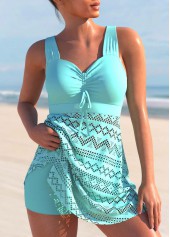 Lace Stitching Cyan Cross Strap Swimdress and Shorts