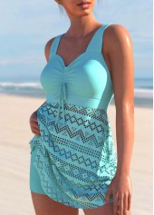 Lace Stitching Cyan Cross Strap Swimdress and Shorts