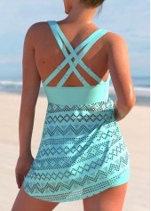 Lace Stitching Cyan Cross Strap Swimdress and Shorts