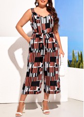 Geometric Print Plus Size Belted Multi Color Jumpsuit