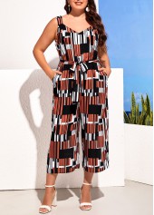 Geometric Print Plus Size Belted Multi Color Jumpsuit