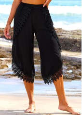 High Waisted Lace Stitching Black Beach Pants