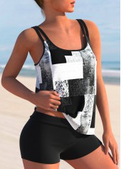 Black Geometric Print Plus Size Tankini Top-No Bottom