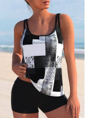 Black Geometric Print Plus Size Tankini Top-No Bottom