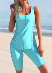 Lace Stitching Zipper Closure Cyan Tankini Set
