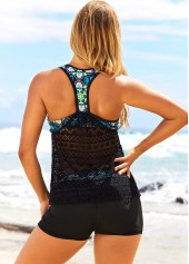 Black Lace Stitching Tribal Print Tankini Set