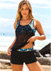Black Lace Stitching Tribal Print Tankini Set
