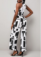 Hot Drilling Geometric Print Halter Color Block Jumpsuit