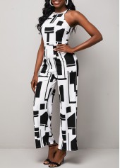 Hot Drilling Geometric Print Halter Color Block Jumpsuit