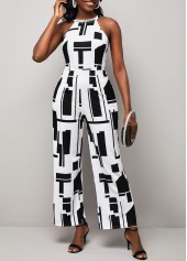 Hot Drilling Geometric Print Halter Color Block Jumpsuit
