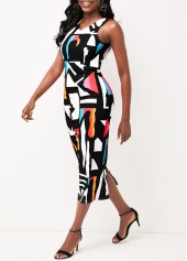 Geometric Print V Neck Multi Color Dress