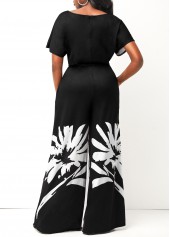 Black Belted Floral Print Skew Neck Jumpsuit