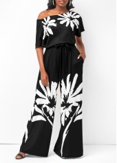 Black Belted Floral Print Skew Neck Jumpsuit