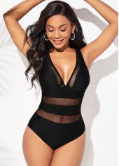 V Neck Pierced Black Cross Strap One Piece Swimwear