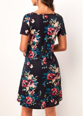 Pocket Floral Print Black Short Sleeve Dress