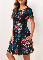 Pocket Floral Print Black Short Sleeve Dress