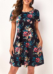 Pocket Floral Print Black Short Sleeve Dress