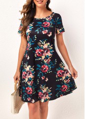 Pocket Floral Print Black Short Sleeve Dress