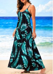 Green Spaghetti Strap Tropical Print Dress