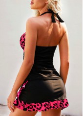 Leopard Halter Front Cross Black Tankini Set