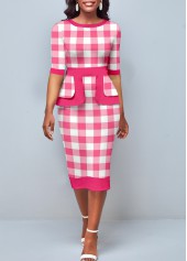 Pink Plaid Round Neck Bodycon Dress