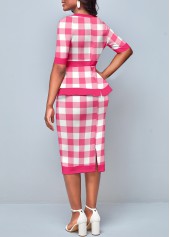 Pink Plaid Round Neck Bodycon Dress